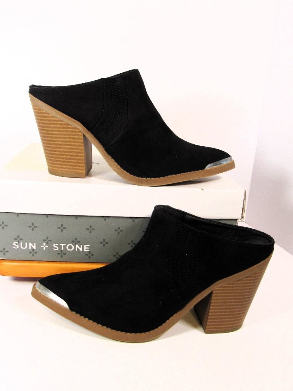 SUN & SAND WESTERN MULES 8.5, VEGAN SUEDE in BOX COMFORTABLE METAL CAP TOE